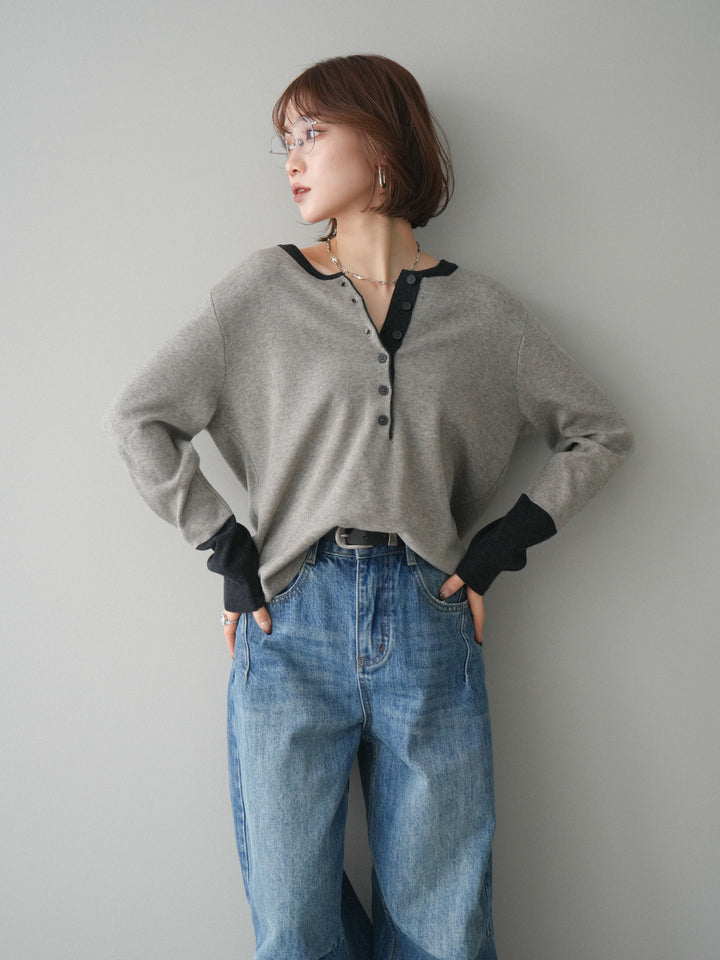 [SET]ヘンリーネック配色ニットソー+ベルト付3Dカーブワイドデニムパンツ(2set)