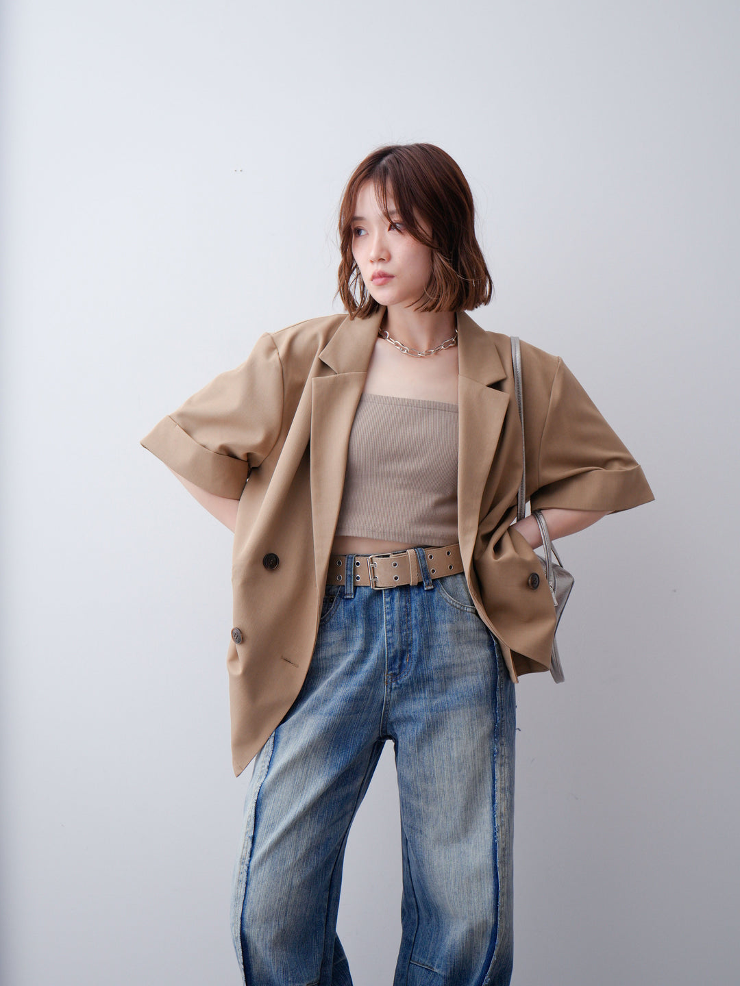 【套裝】縐綢半截外套 + 內置胸罩羅紋抹胸吊帶衫 + 豎條紋闊腿牛仔褲（三件套）