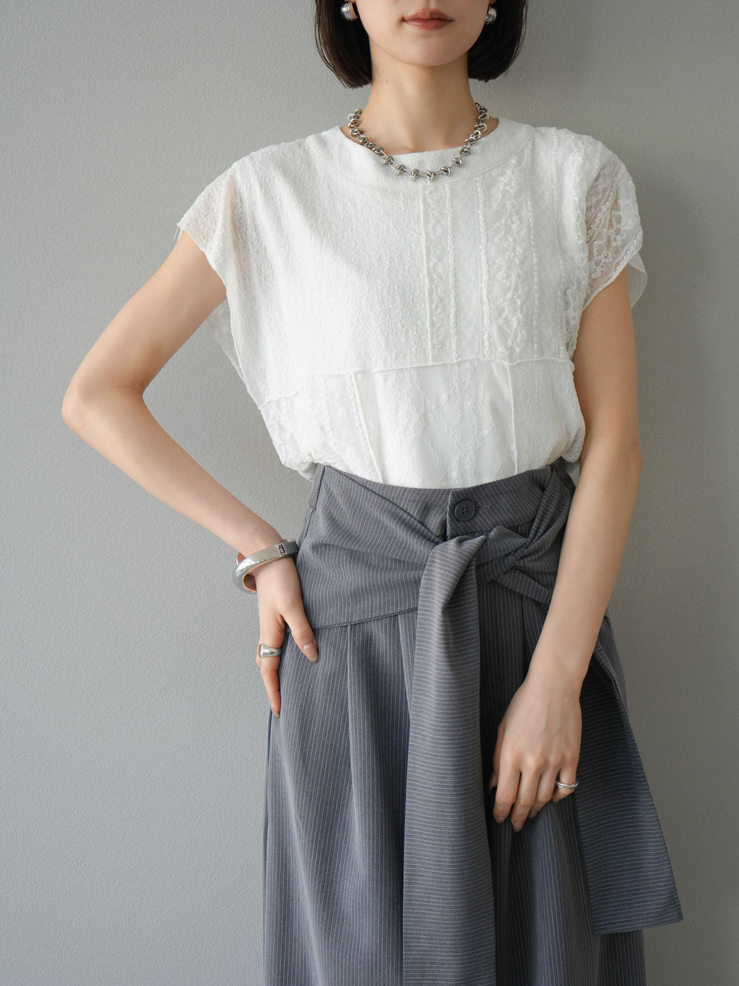 【預購】拼布蕾絲法式套頭衫/白色