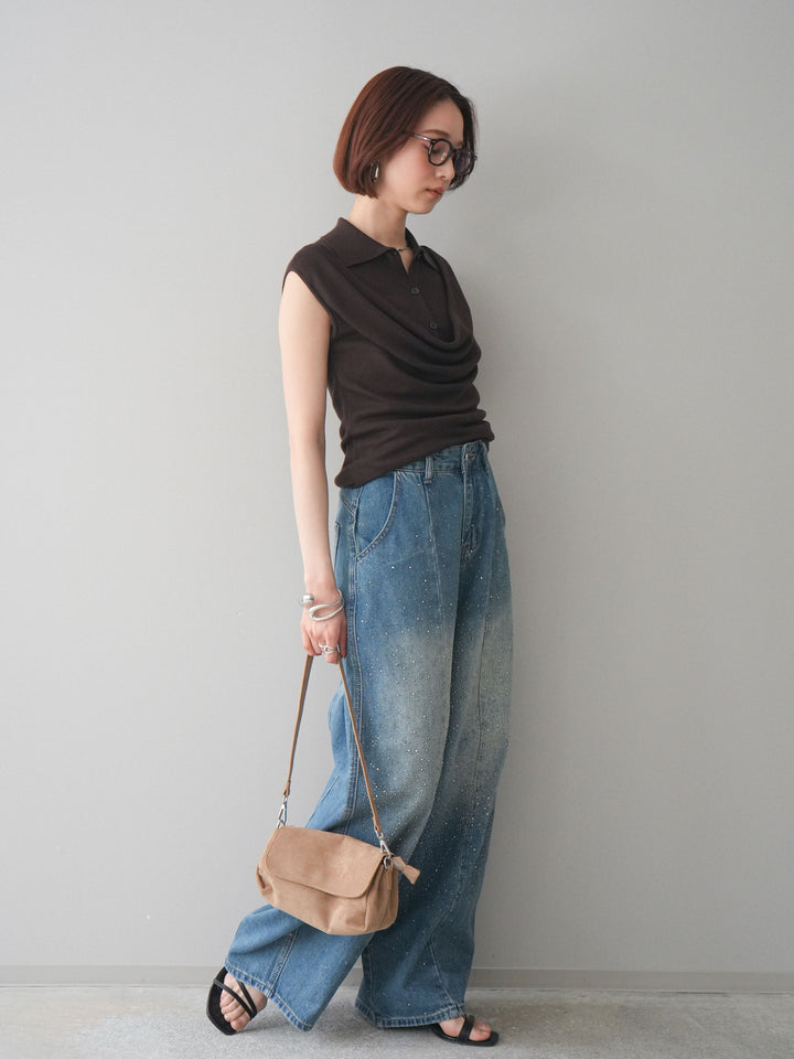 [SET]ノースリーブドレープニットトップス+フロントビジューカーブデニムパンツ(2set)