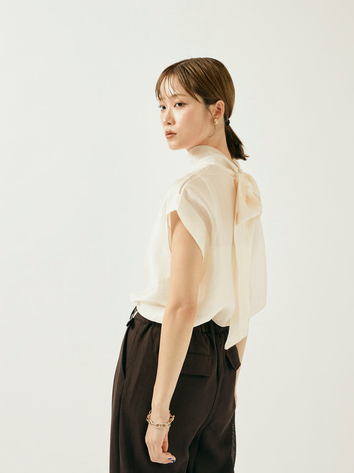 【Allure】[SET]シャイニーシアーブラウス+メッシュタックワイドパンツ(2set)