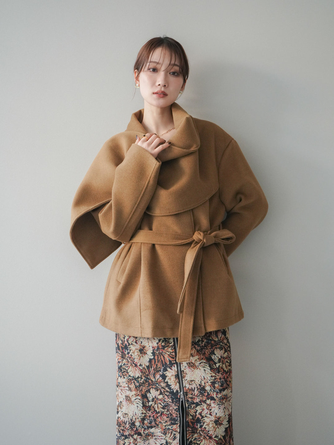 [予約]ストールデザインショートコート/camel