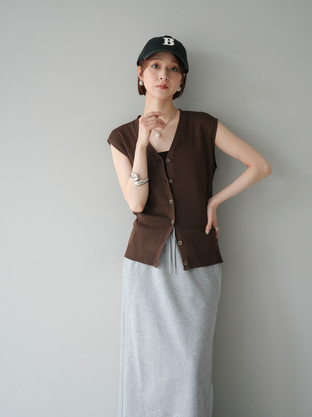 [SET]Vネックレーヨンニットベスト+スウェットロングスカート(2set)