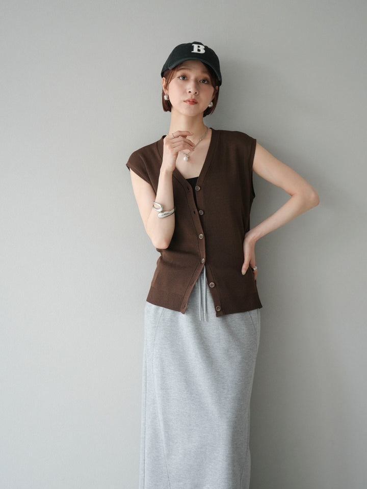 [SET]Vネックレーヨンニットベスト+スウェットロングスカート(2set)