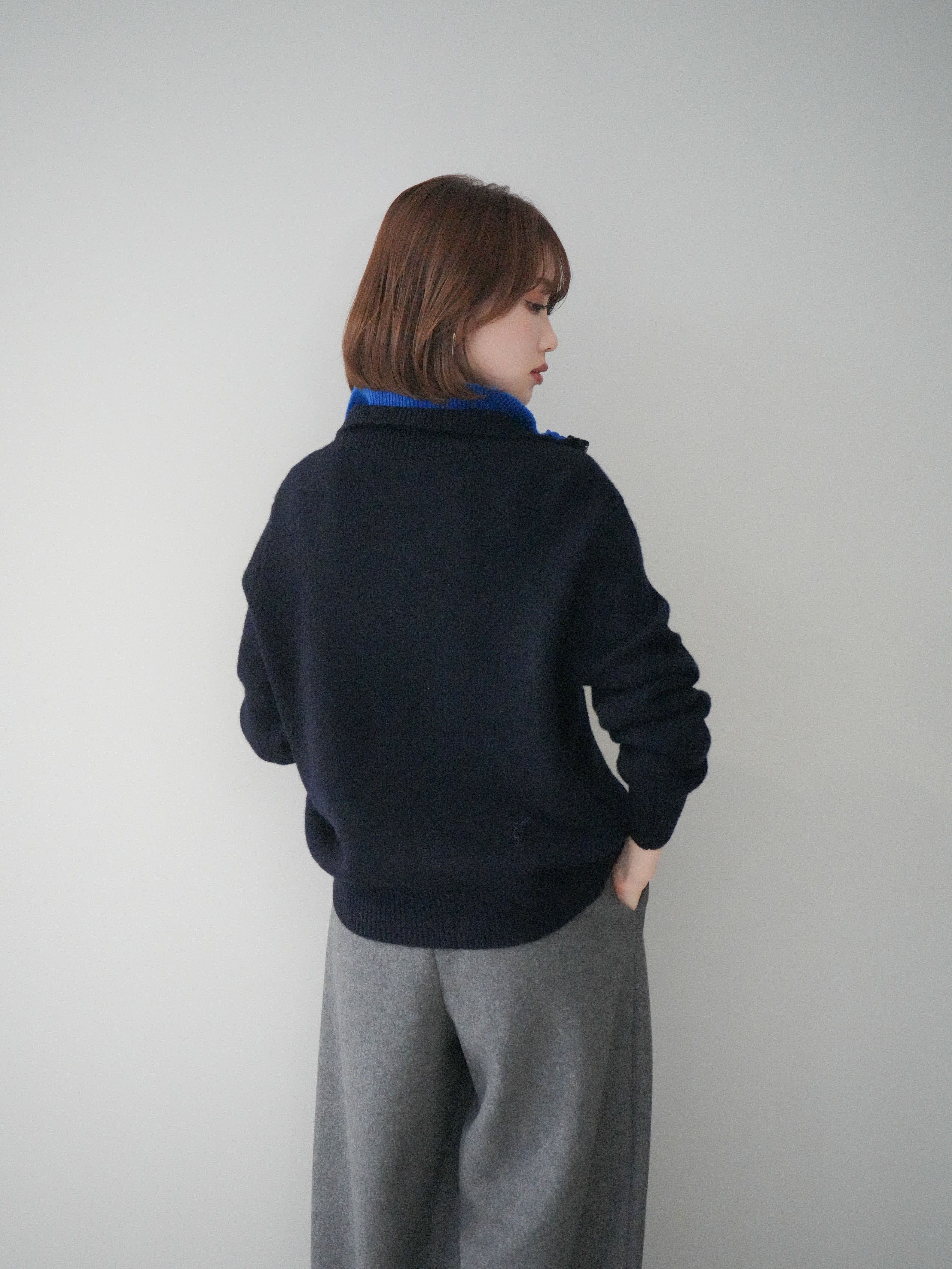 予約]ウールxカシミヤハーフジップダブルネックニットプルオーバー