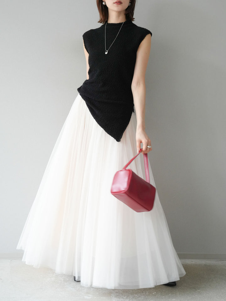 [SET]ブークレアシメニットノースリーブトップス+チュールボリュームスカート(2set)