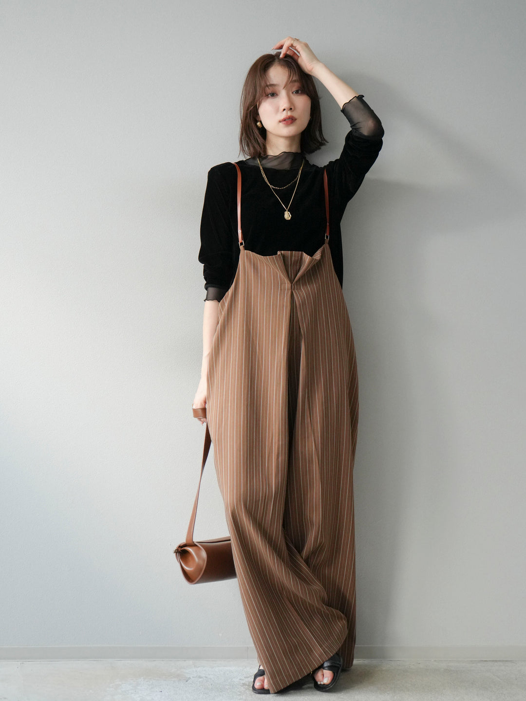 【着回しセット】[SET]ヘリンボーンストライプジレ+シアー切替ベロアトップス+ヘリンボーンストライプサロペット(3set)