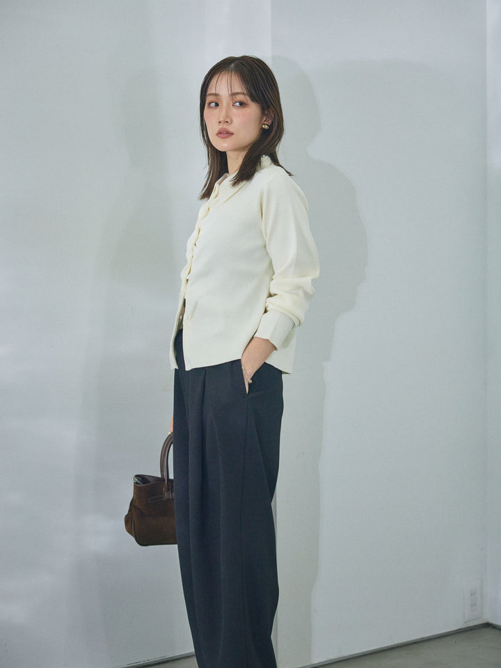 【Allure】[SET]襟付きギャザーニットカーディガン+アシンメトリーウエストタックパンツ(2set)