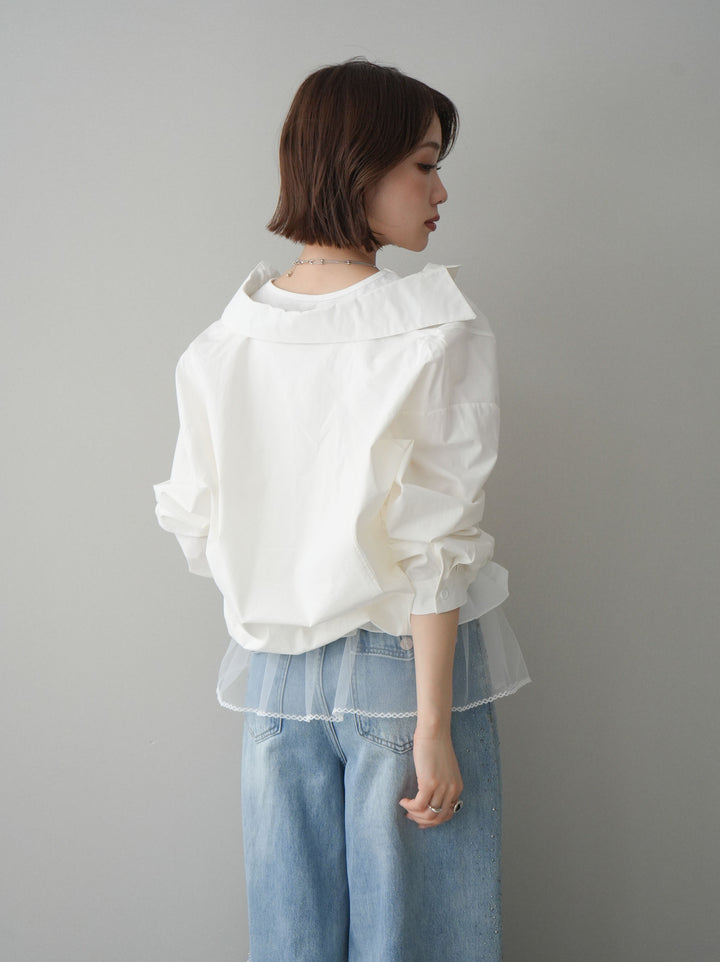 [予約]裾チュールノースリーブカットソー＆シャツドッキングトップス/white