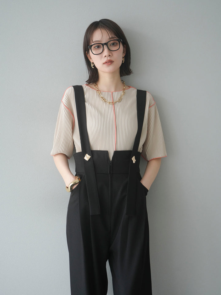 [予約]配色メロープリーツハーフスリーブトップス/ベージュ