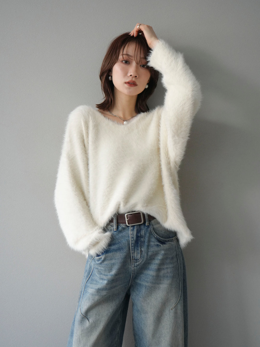 [SET]バックリボンVネックシャギーニットプルオーバー+選べるアクセセット(2set)