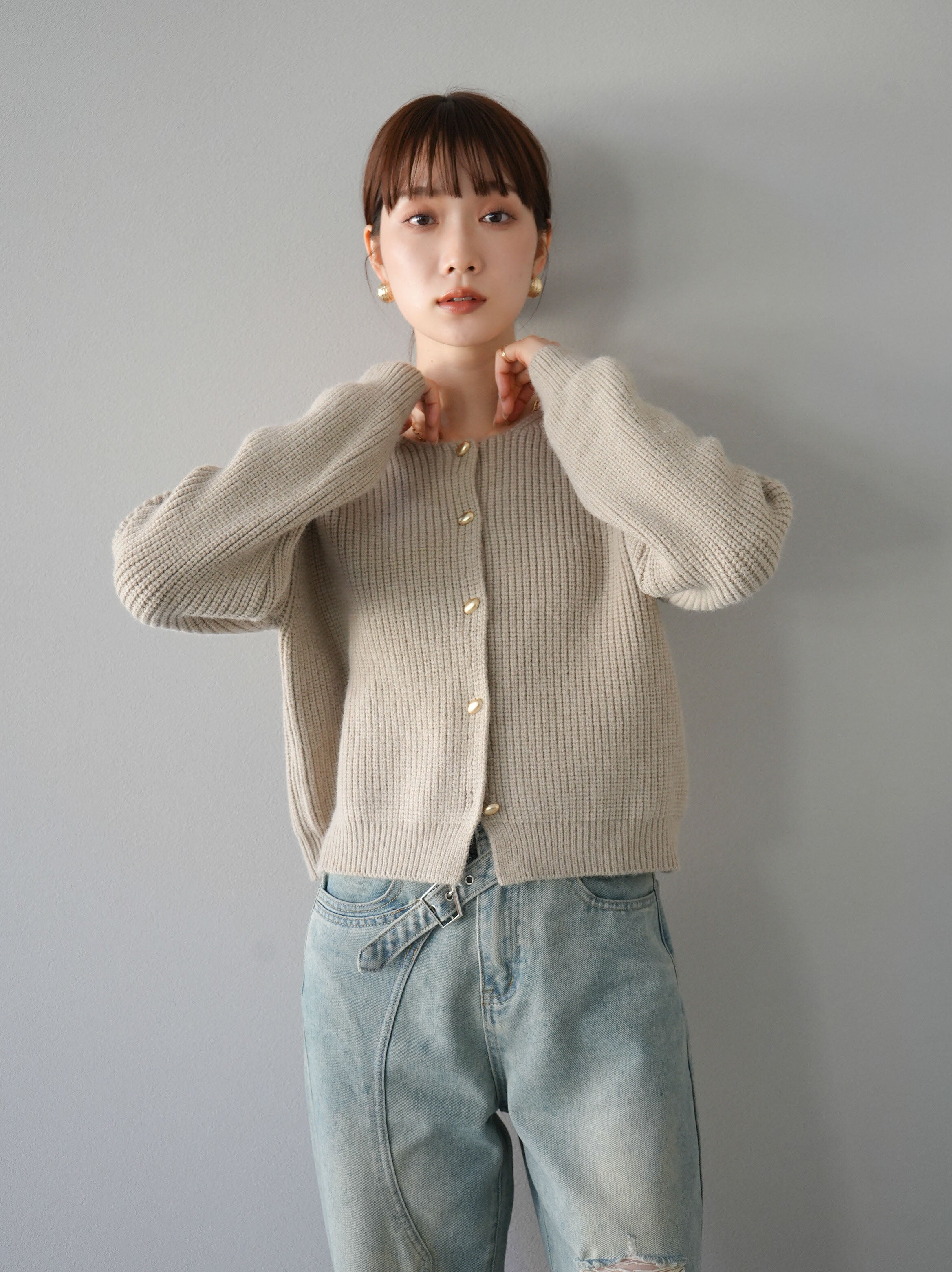 SET]あぜ編みゴールドボタンニットカーディガン+ベルトアシンメトリー