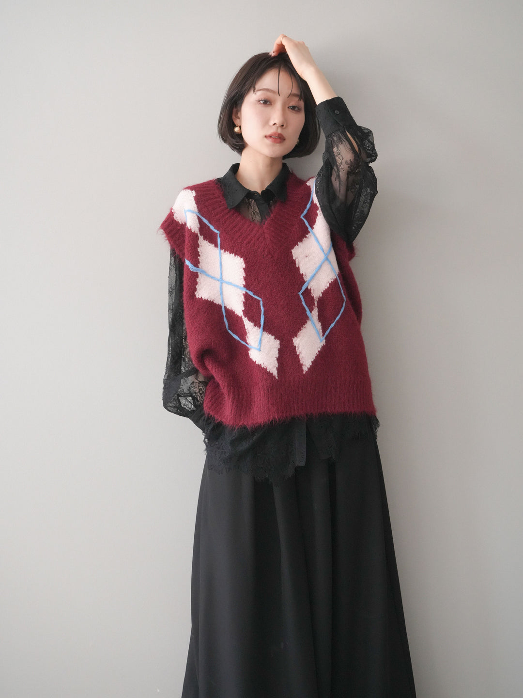 [SET]アーガイルVネックニットベスト+選べるアクセセット(2set)