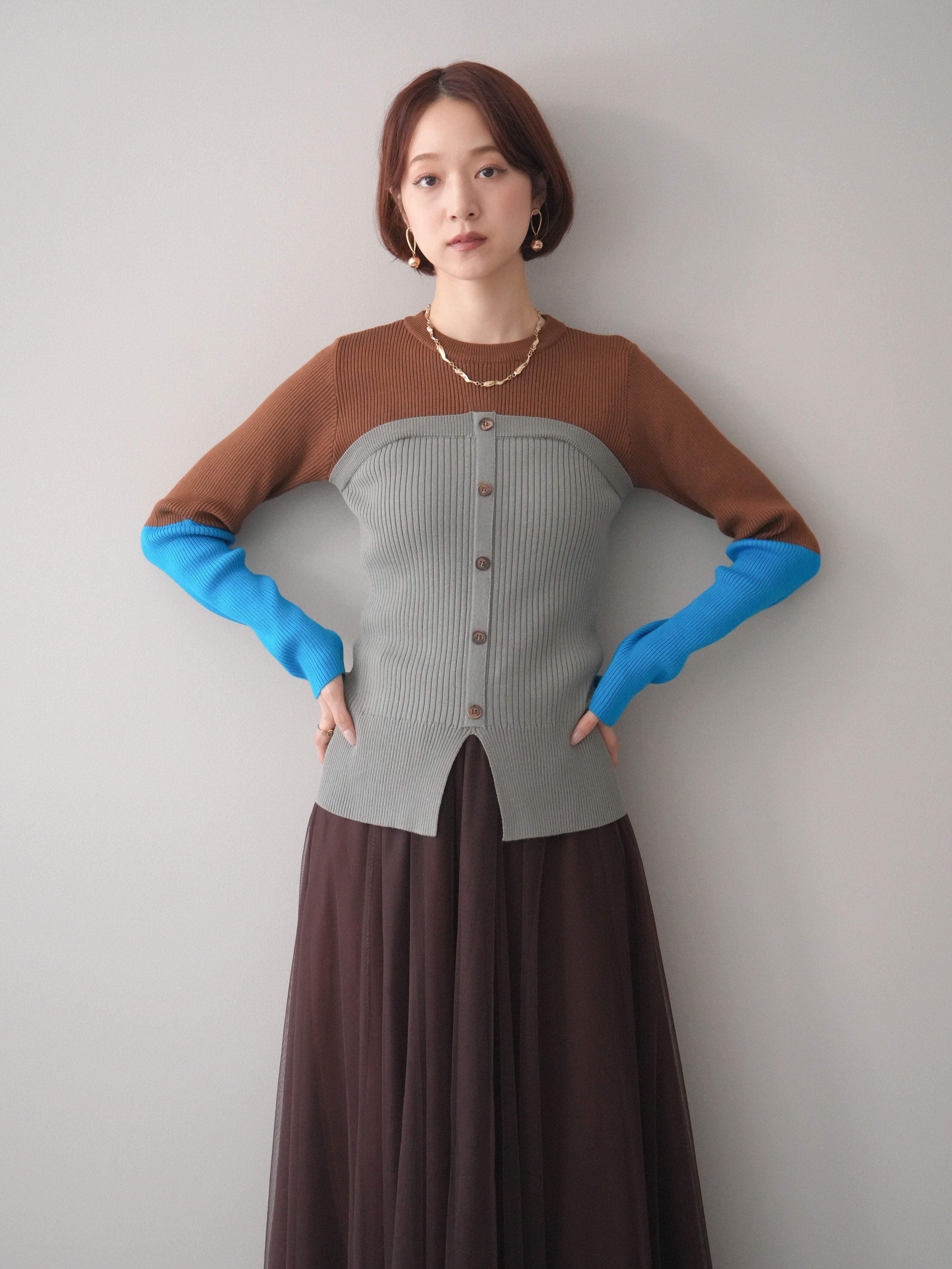 予約]配色ビスチェドッキングリブニットトップス/brown – Lumier