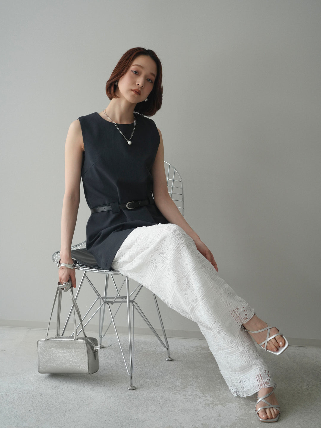 [SET]ベルト付リネンライクノースリチュニック+パネルレースイージーパンツ(2set)