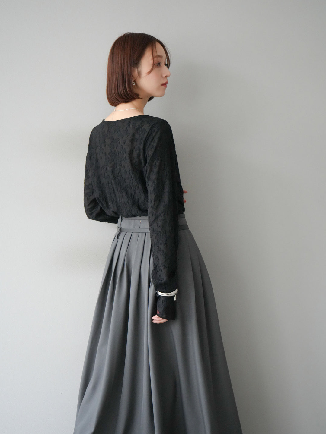 [SET]シアージャガードトップス+エステルプリーツスリットスカート(2set)