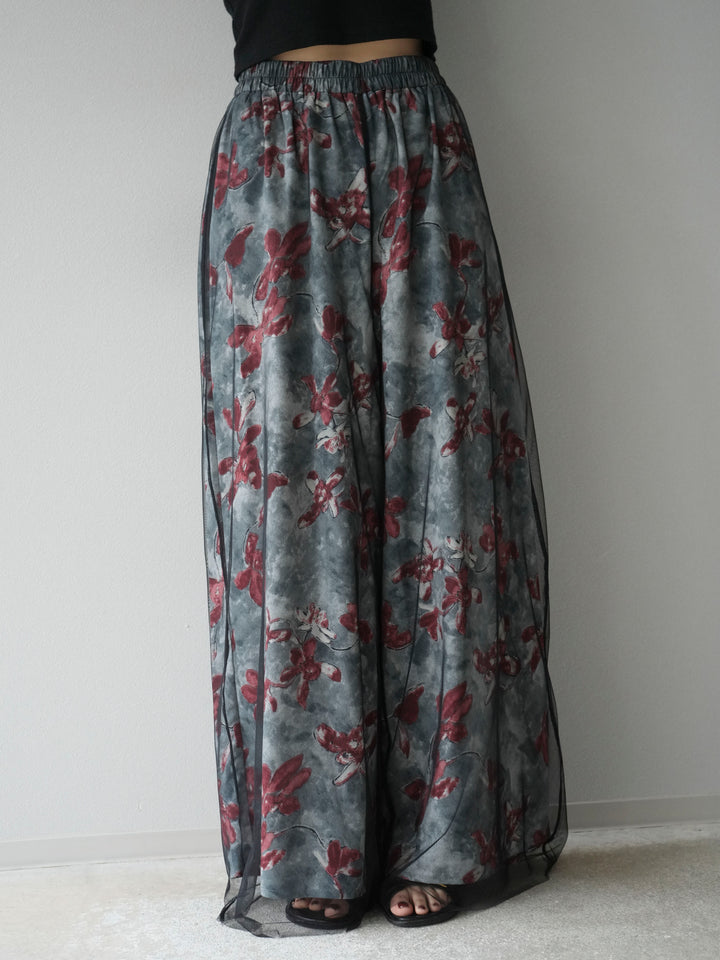 [予約]フラワープリントチュールレイヤードパンツ/グレー