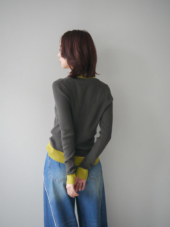 [SET]Uネック配色レイヤードリブニットトップス+サイドフリンジワイドデニムパンツ(2set)