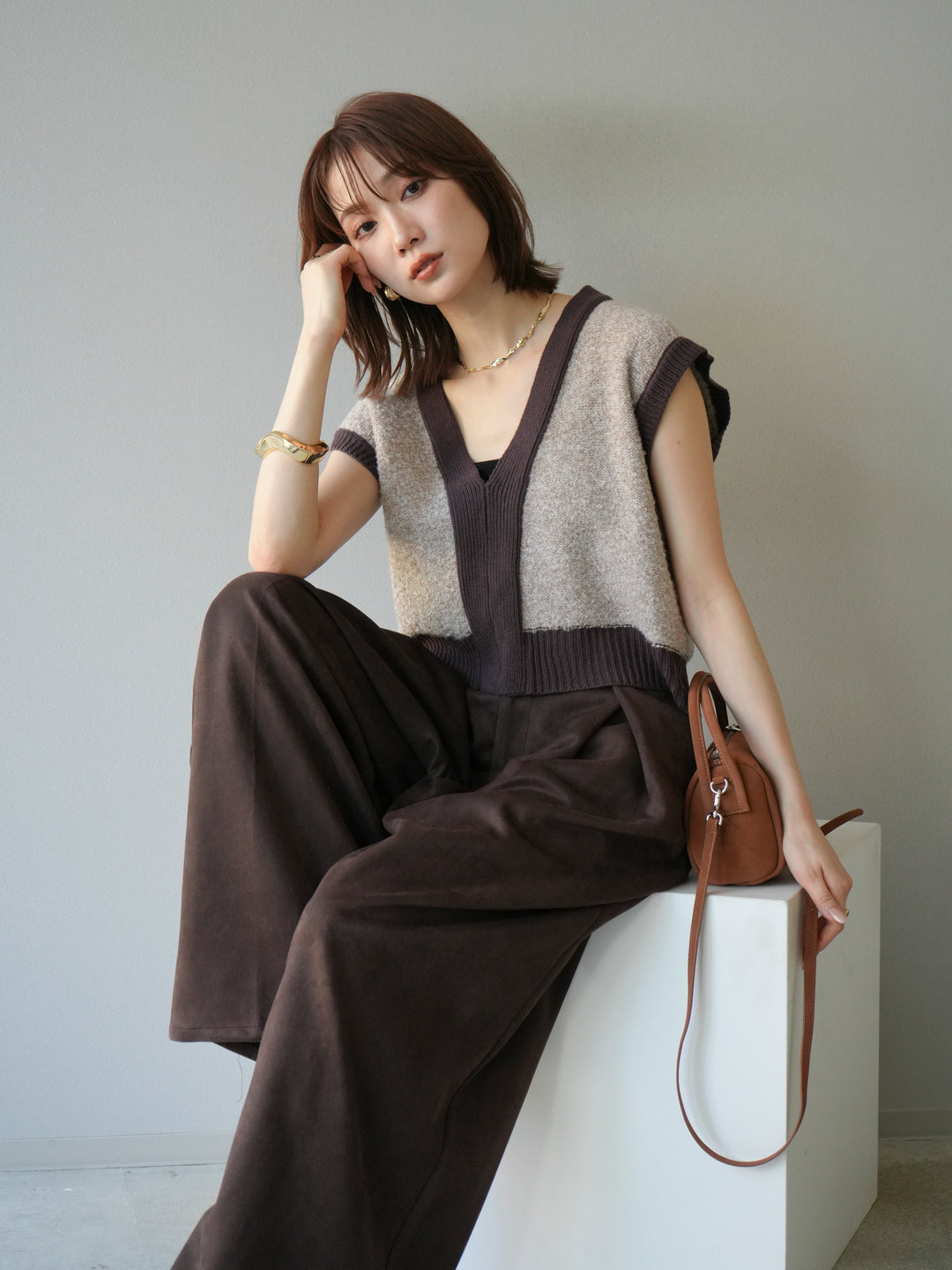 [予約]ブークレバイカラーニットベスト/ベージュ