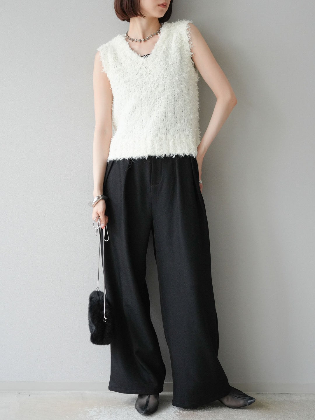 [予約]テープヤーンフリンジニットベスト/アイボリー