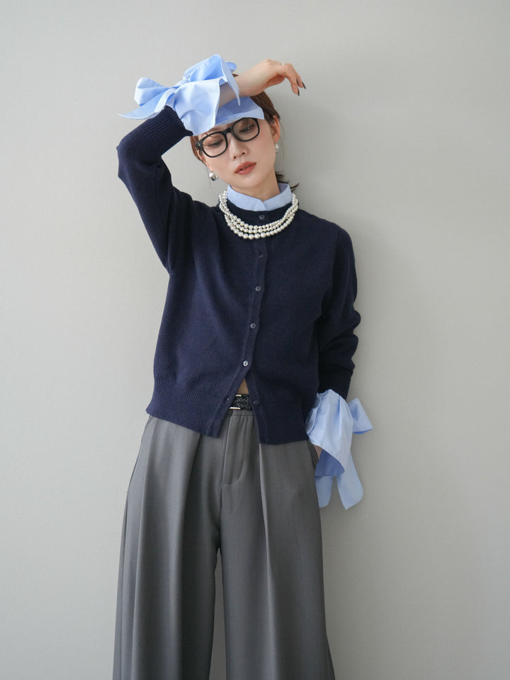[予約]ウールライクリボンシャツカーディガン/navy