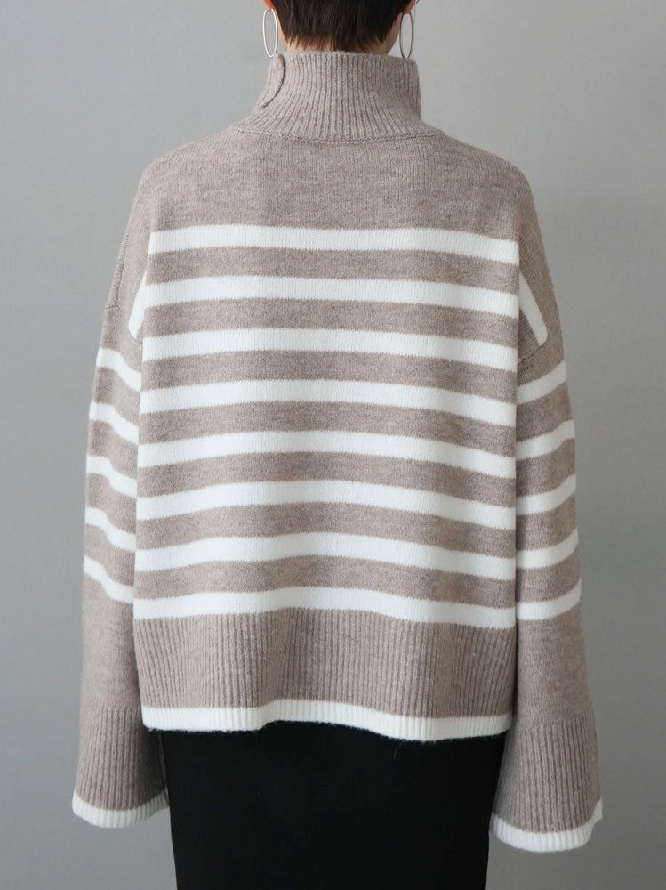 [Pre-order] High-neck Basque striped knit pullover/greyish beige