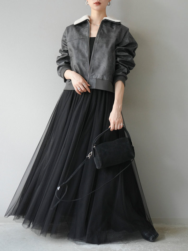 [予約]襟ボアヴィンテージレザーブルゾン/ブラック