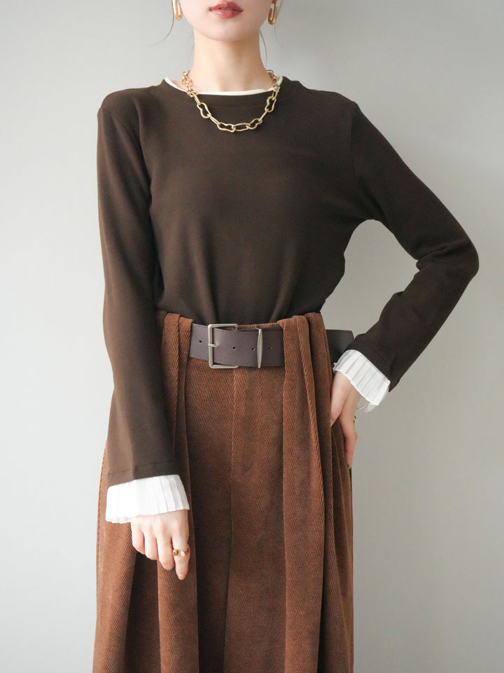 [予約]袖プリーツ配色レイヤードトップス/brown