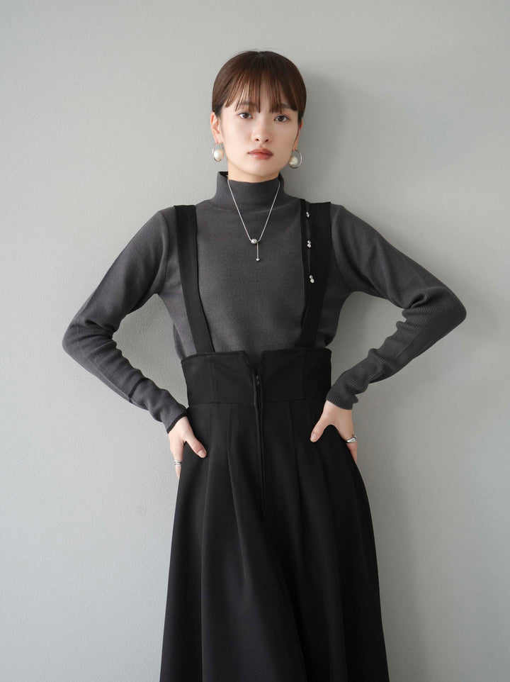 [預訂] 瓶頸配色設計紐扣針織上衣/炭灰