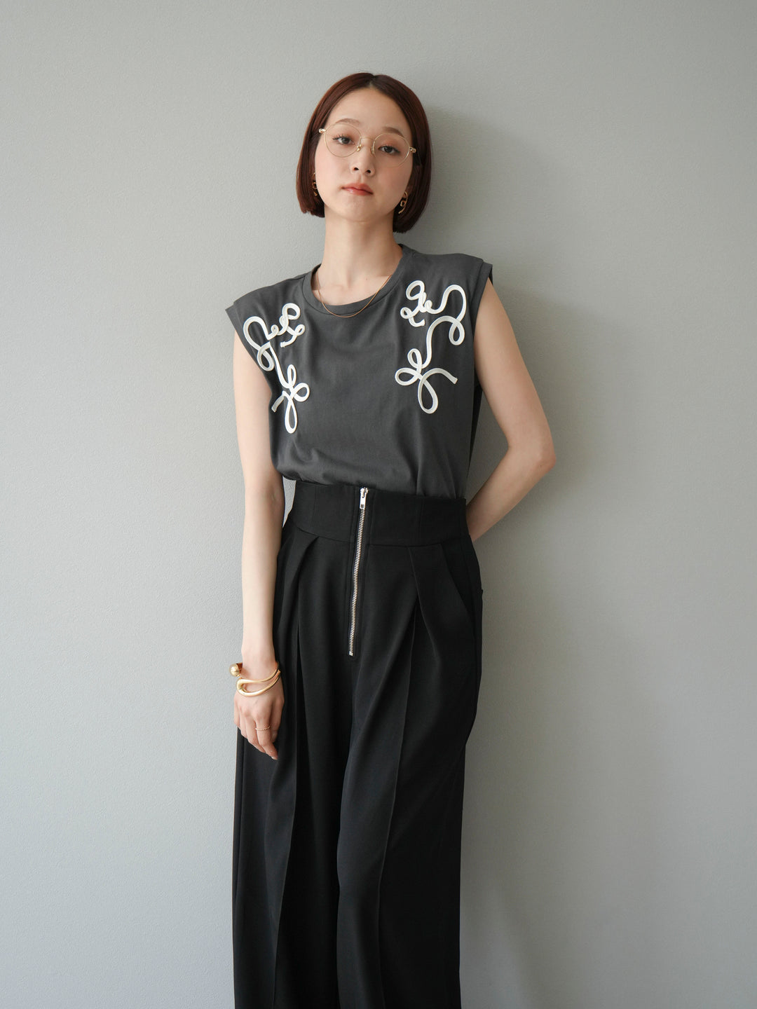 [SET]コード刺繍フレンチスリーブTシャツ+コード刺繍フレンチスリーブTシャツ(2set)