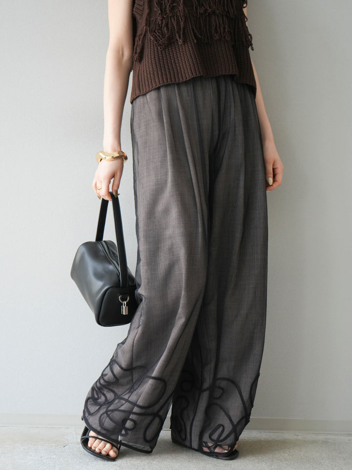 [SET] 繩繡薄紗疊穿褲+麻質寬鬆寬褲（2件組）