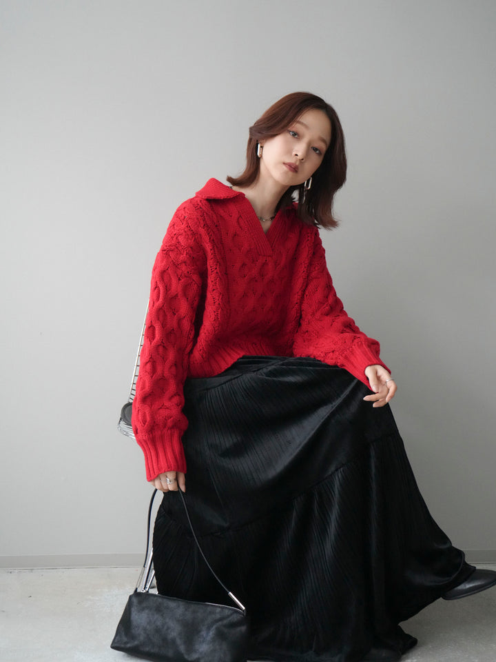 [SET]バルキーケーブルクロップド開襟プルオーバー+ベロアティアードワッシャースカート(2set)