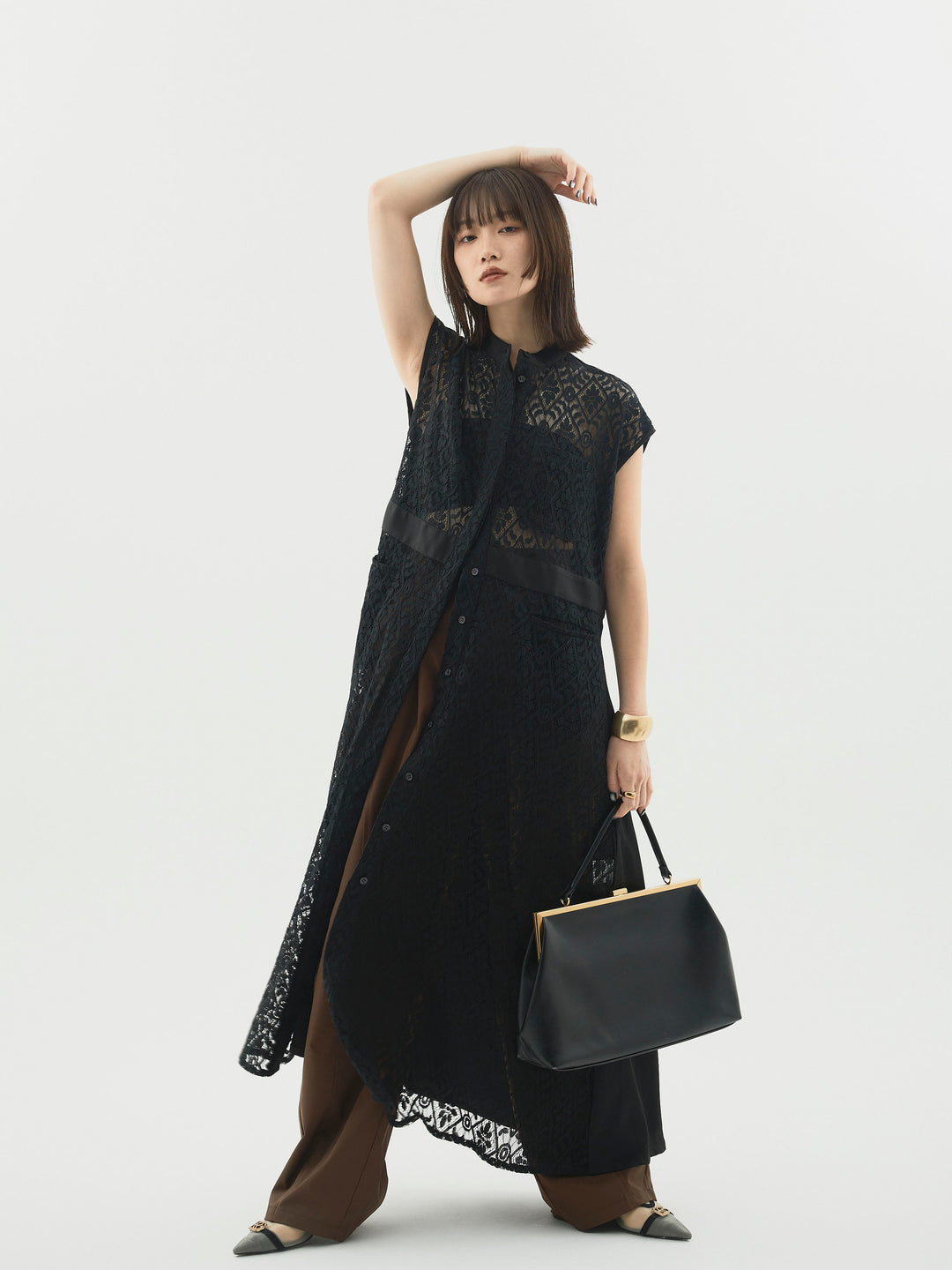 【Allure】[SET]レースサテン切替ワンピース+タフタワイドカーブパンツ(2set)