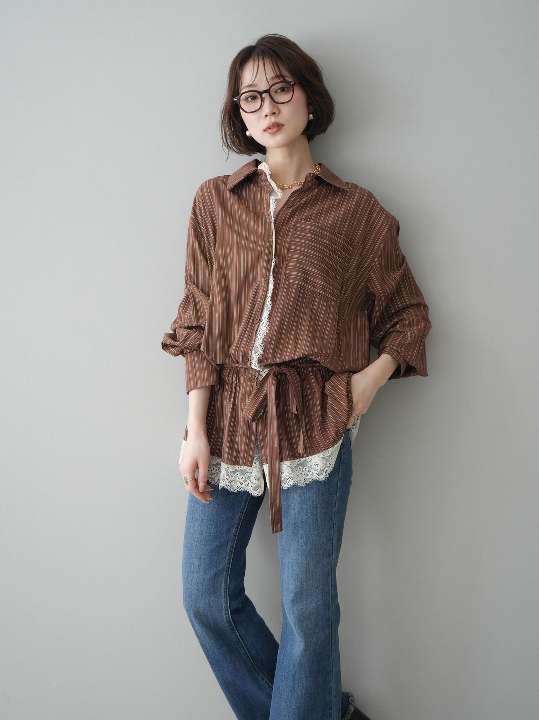 [SET]レース付ストライプウエストギャザーシャツ+フリンジデザインセミフレアデニム(2set)