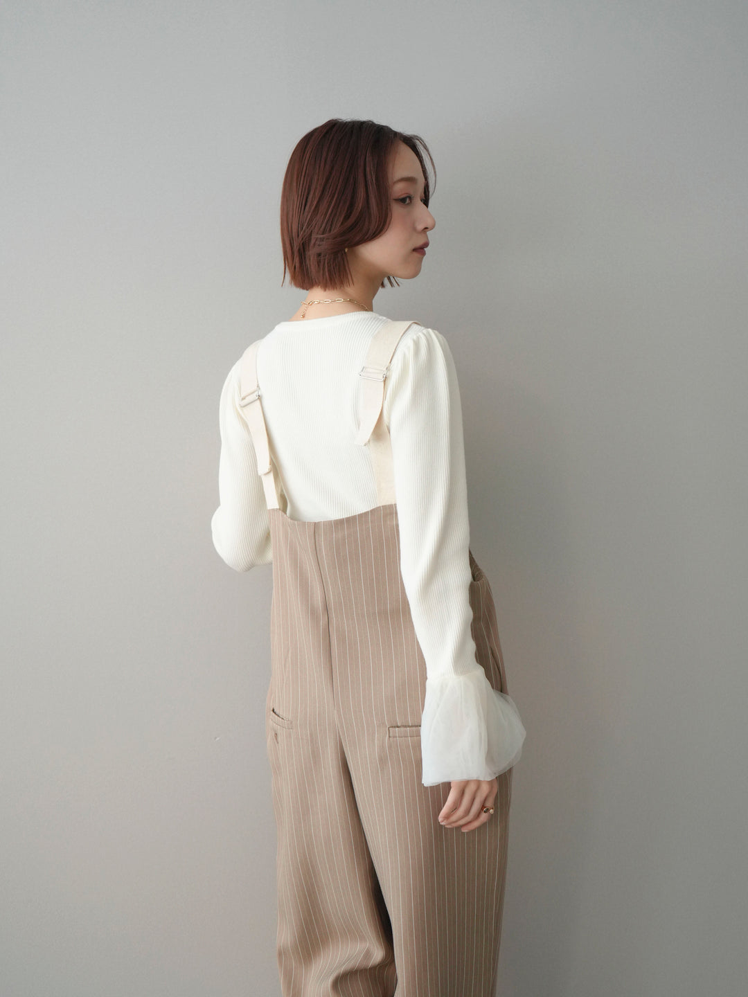 [SET]袖チュールパワショルリブニットトップス+グログランテープストライプサロペット(2set)