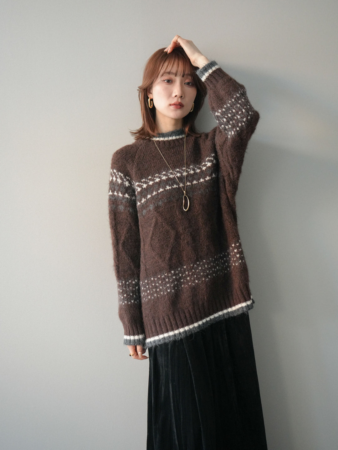 [予約]裾配色ノルディック柄ニットプルオーバー/brown