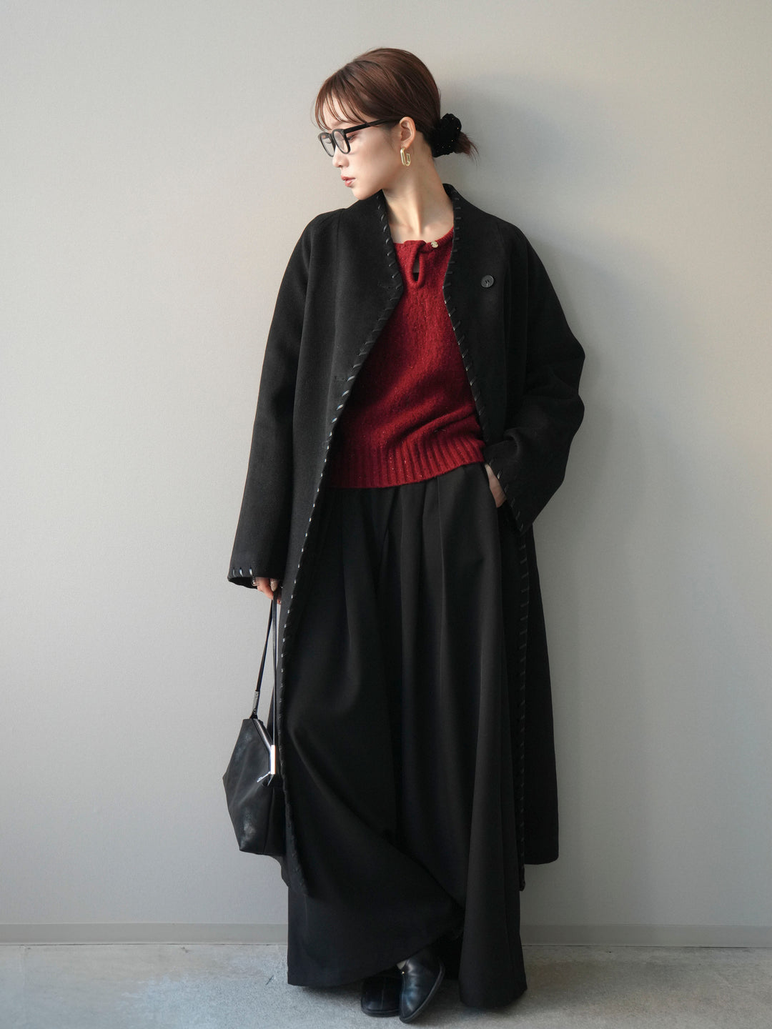 [SET]ハンドステッチ裏中綿ロングコート+テープベルトタックバギーパンツ(2set)