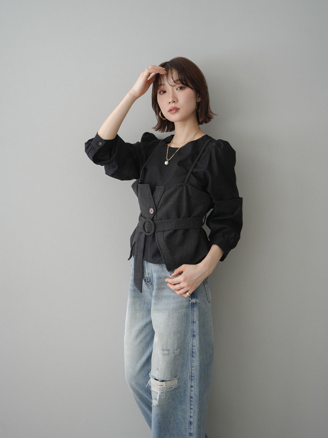 [予約]異素材ビスチェドッキングブラウス/black