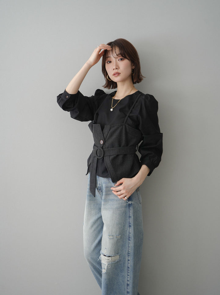 [予約]異素材ビスチェドッキングブラウス/black
