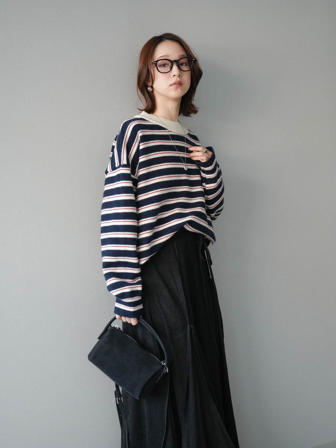 [予約]モックネックボーダーニットプルオーバー/navy