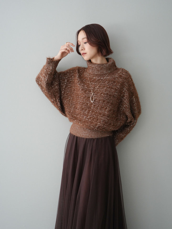 [予約]オフタートルケーブル編みニットプルオーバー/brown