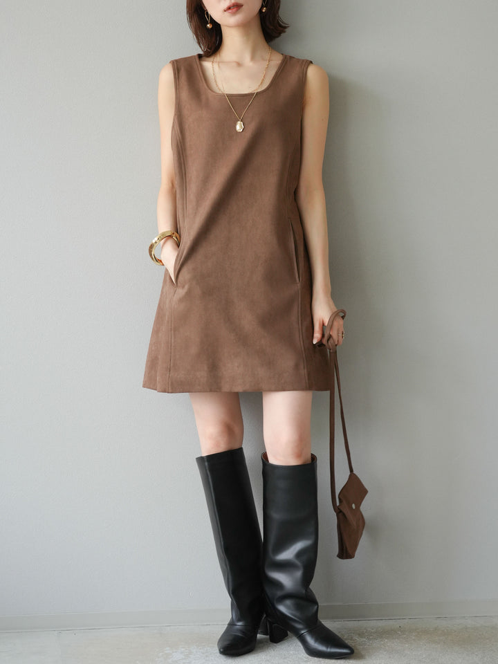 [予約]ショルダーポーチ付スウェードミニワンピース/ブラウン