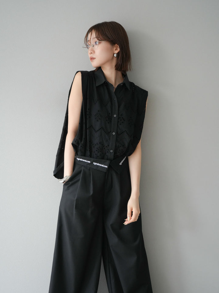 [予約]エンブロイダリーレースタックショルダーブラウス/ブラック