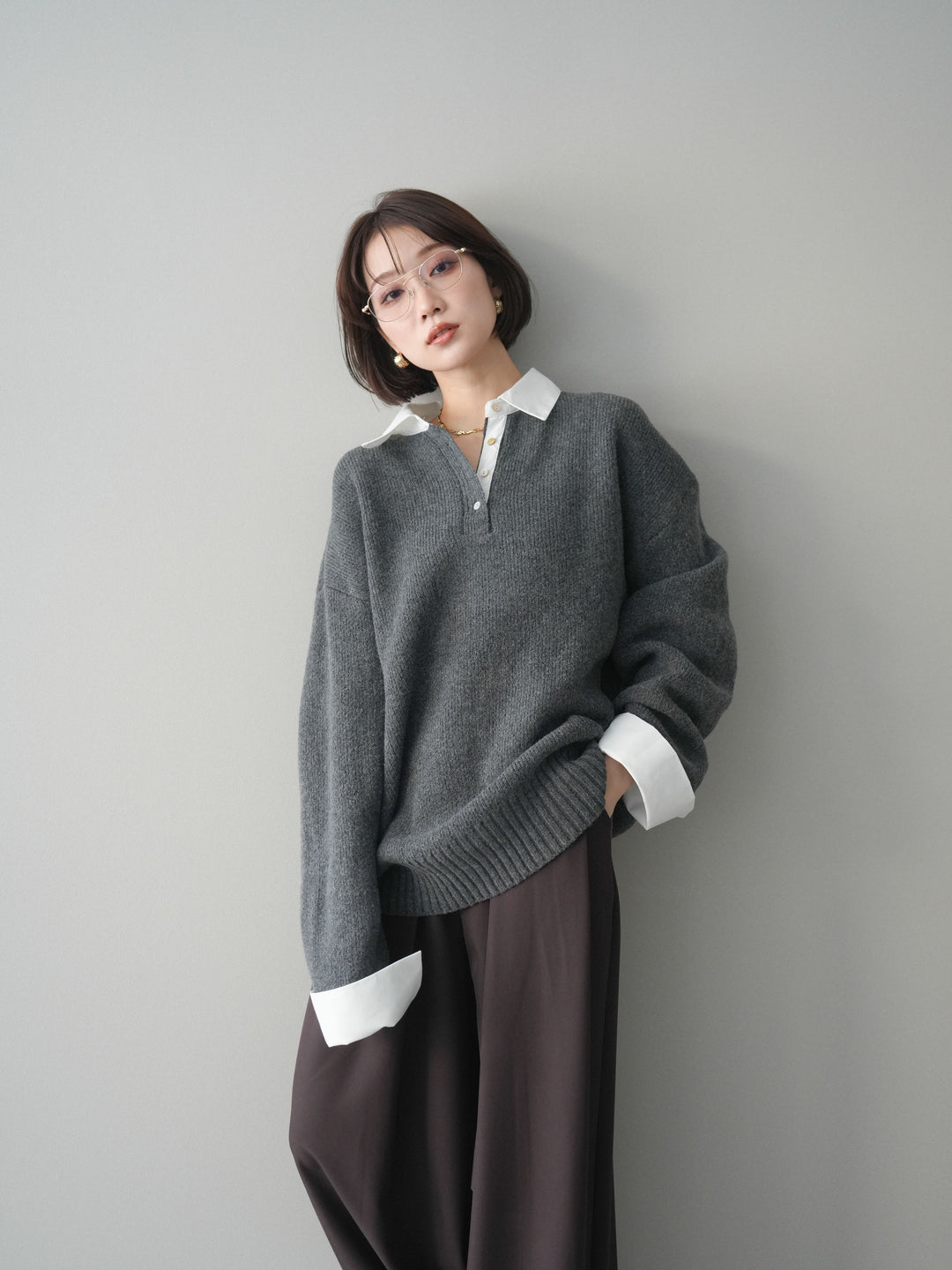 [予約]シャツドッキングオーバーニットプルオーバー/charcoaloff
