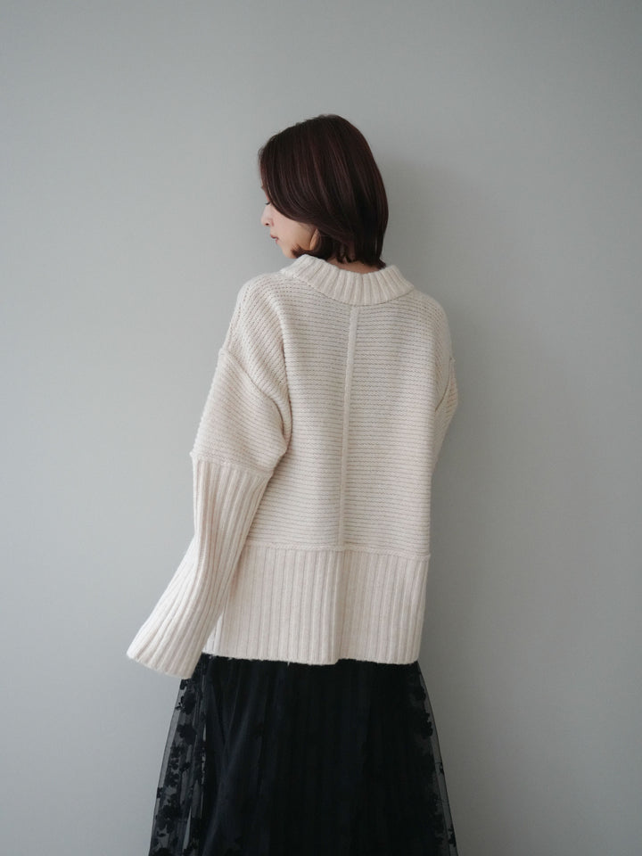 [SET]編み地切替ボトルネックニットプルオーバー+フラワーフロッキーチュールプリーツスカート(2set)