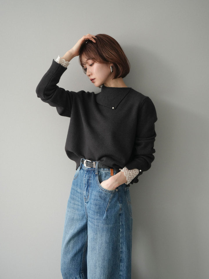 [予約]袖レースパール付き配色ニットトップス/darkbrown