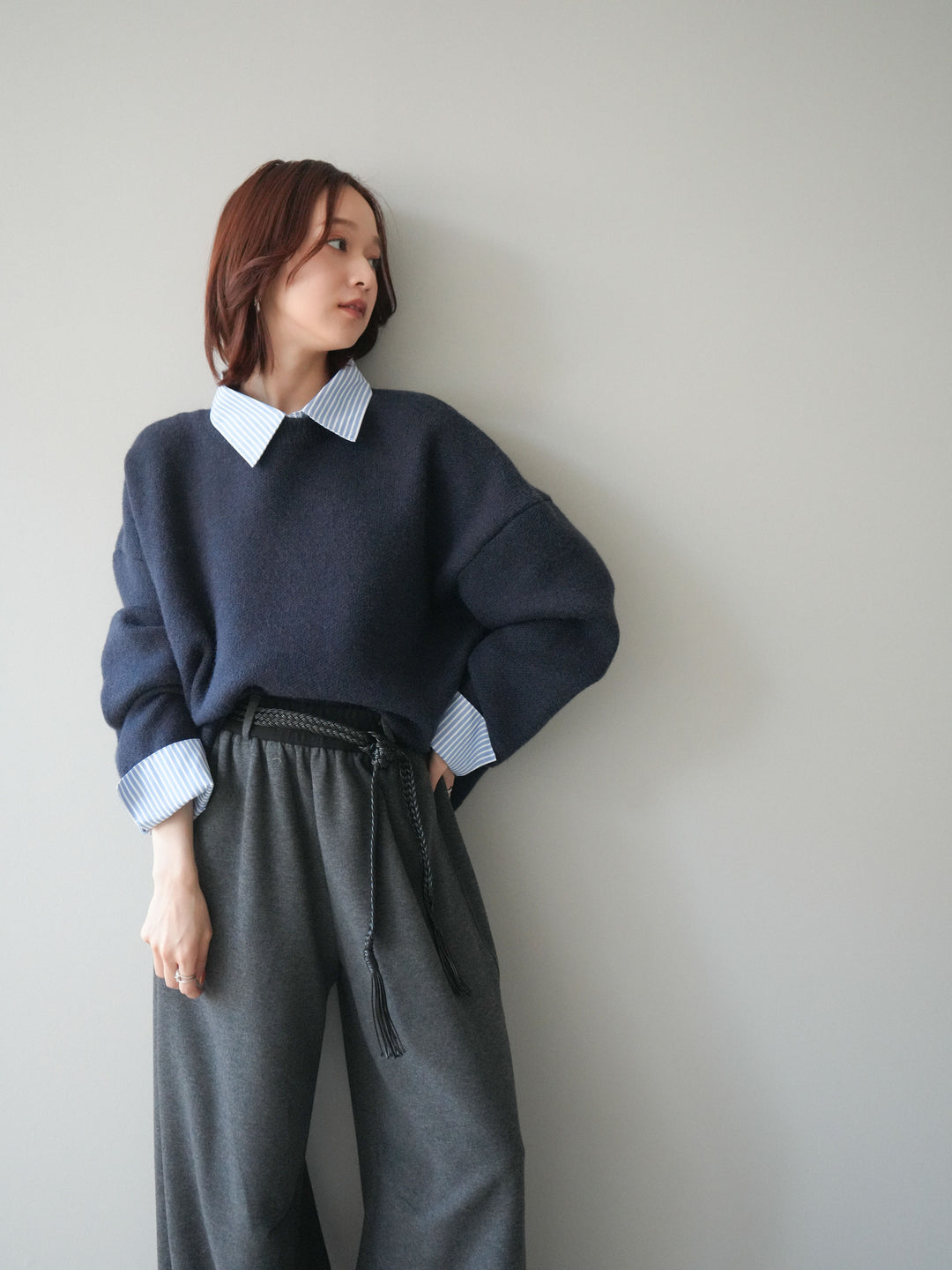 [SET]2WAYストライプ襟ニットプルオーバー+編み込みベルト付きウエスト配色スエットパンツ(2set)