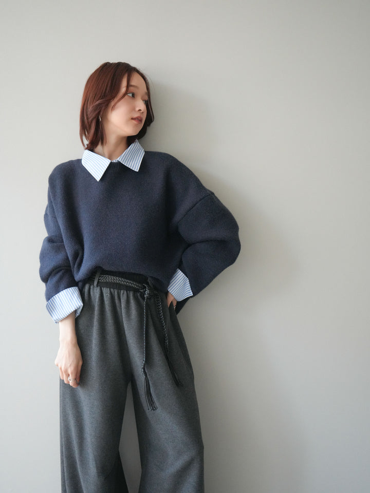 [SET]2WAYストライプ襟ニットプルオーバー+編み込みベルト付きウエスト配色スエットパンツ(2set)