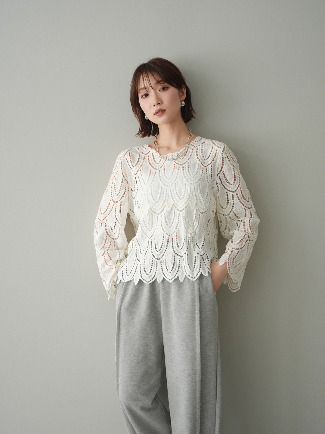 [予約]透かしコードレースブラウス/white