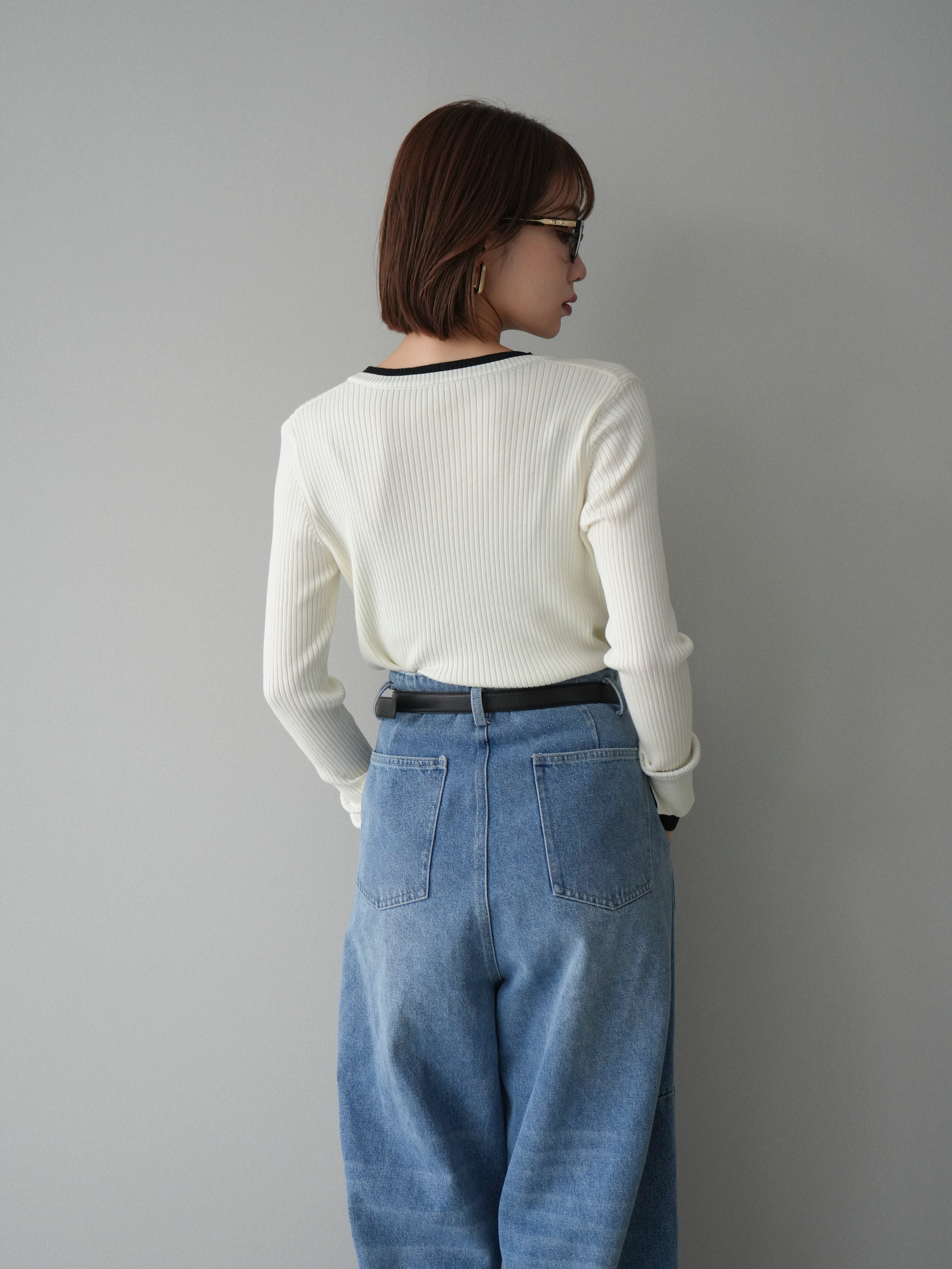 SET]バイカラーキーネックリブニットトップス+ハイウエストベルト